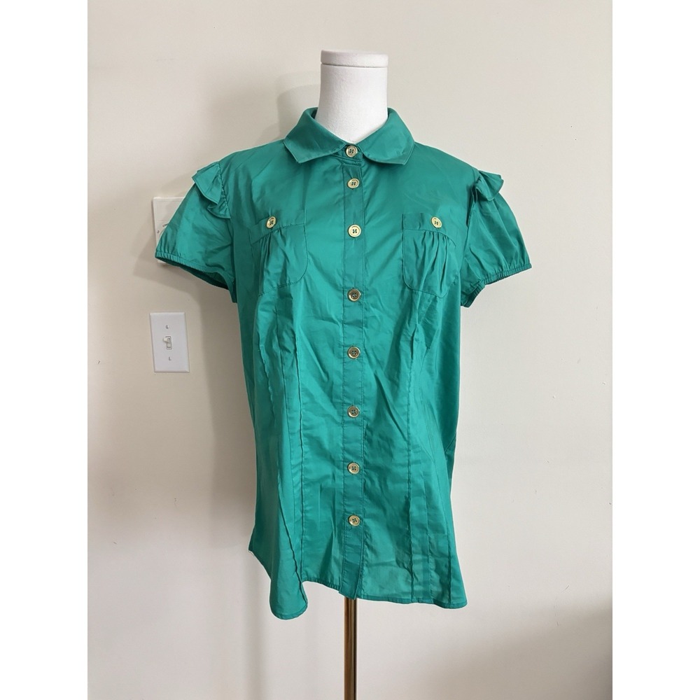 Vintage Y2K 2000s Baby Phat XL Button Up Shirt Green Gold Short‎ Sleeve Ruffle